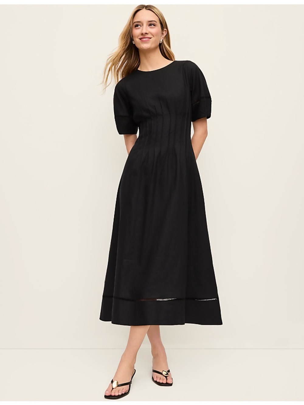 Pintuck Black Linen Blend Short-Sleeve Midi Dress
